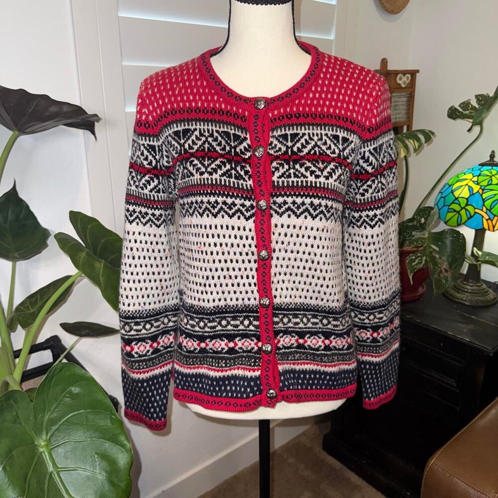 Appleseed’s Fair Isle Nordic Cardigan Red Cottagecore Grandmacore Petite S
